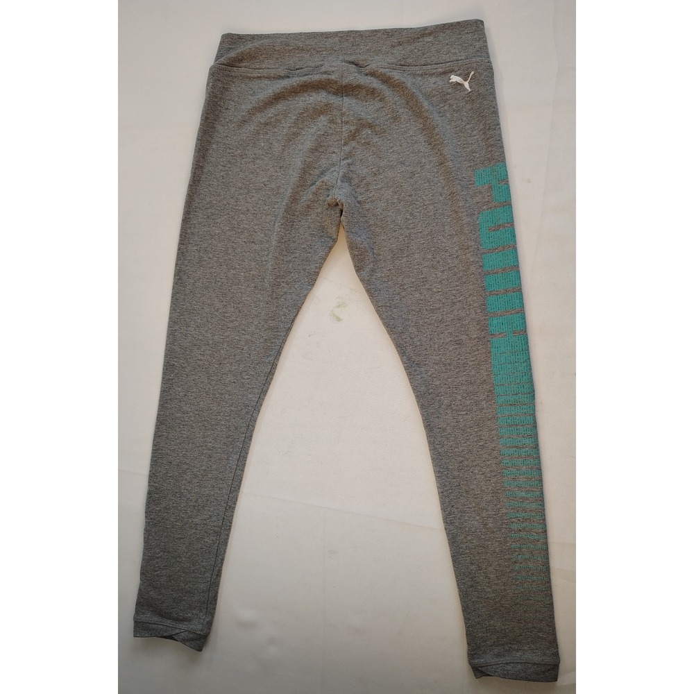 Puma Womens Crossover Waist Leggings Heather Gray Teal Graphic Logo Sporty Gym L